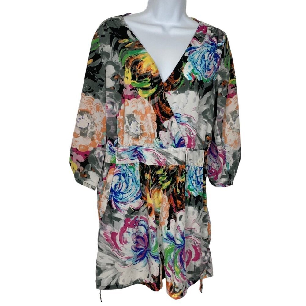 Saks Fifth Avenue 5/48 Women Sz M Multicolor Romper Watercolor V Neck‎ 39-6